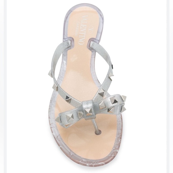 Valentino Shoes - VALENTINO Metallic Silver Pyramid Rockstud Bow PVC Jelly Thong Flip-Flop Sandals